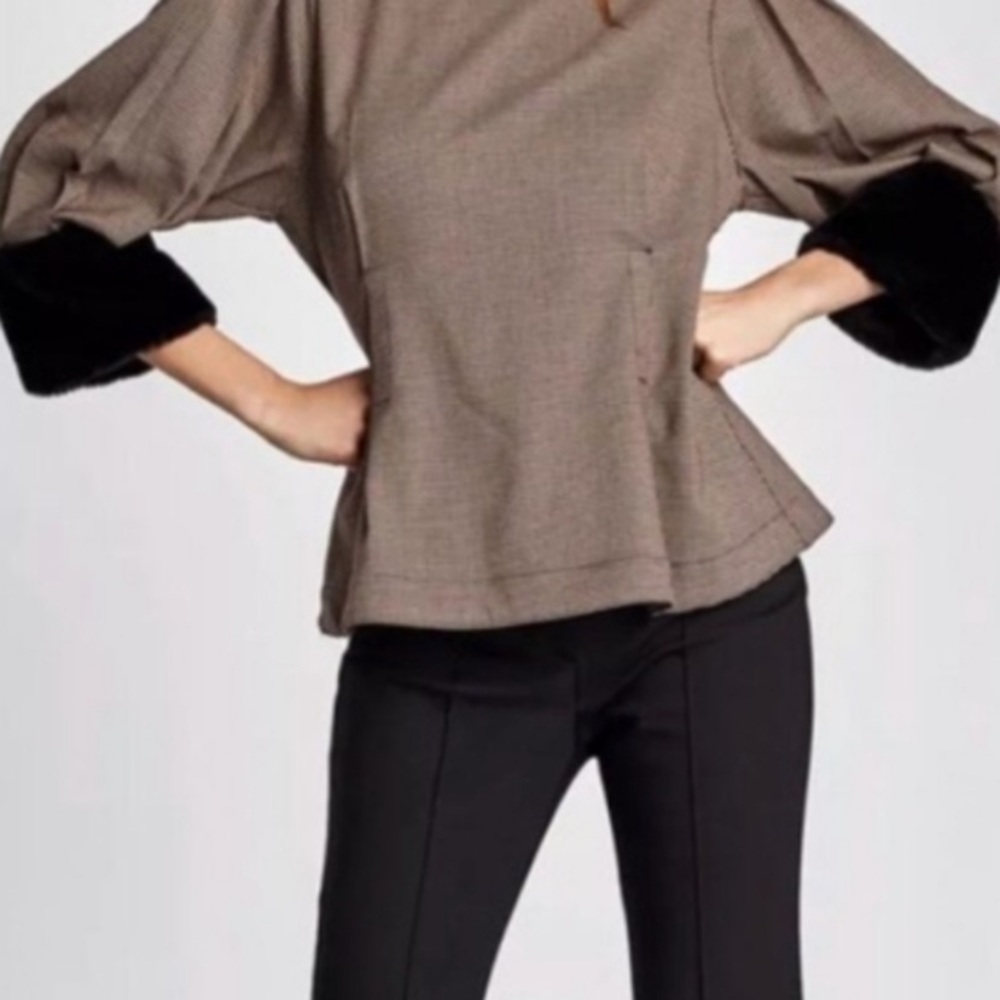 ZARA Faux Fur Houndstooth Brown Sweater Blouse